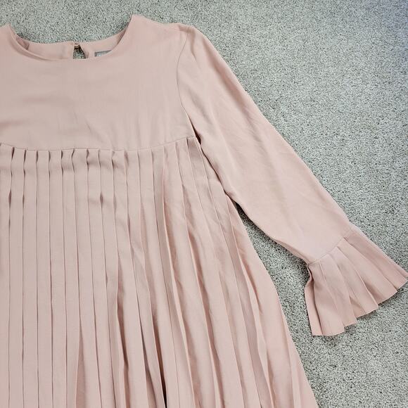 ASOS Womens Trapeze Dress 12 Pink Pleated Empire Waist Keyhole Bell Sleeve Mini - Picture 8 of 13